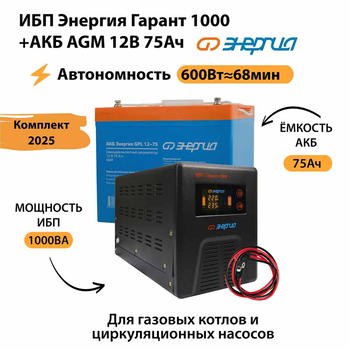 ИБП для котла Энергия Гарант 1000 + Аккумулятор 75 Ач 12 В (600Вт - 68мин) - ИБП и АКБ - ИБП для котлов - Магазин сварочных аппаратов, сварочных инверторов, мотопомп, двигателей для мотоблоков ПроЭлектроТок