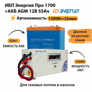 ИБП для котла Энергия Про 1700 + Аккумулятор 55 Ач 12 В (1200Вт - 25мин) - ИБП и АКБ - ИБП для котлов - Магазин сварочных аппаратов, сварочных инверторов, мотопомп, двигателей для мотоблоков ПроЭлектроТок