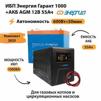 ИБП для котла Энергия Гарант 1000 + Аккумулятор 55 Ач 12 В (600Вт - 50мин) - ИБП и АКБ - ИБП для котлов - Магазин сварочных аппаратов, сварочных инверторов, мотопомп, двигателей для мотоблоков ПроЭлектроТок