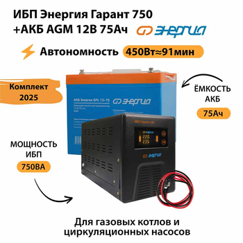 ИБП для котла Энергия Гарант 750 + Аккумулятор 75 Ач 12 В (450Вт - 91мин) - ИБП и АКБ - ИБП для котлов - Магазин сварочных аппаратов, сварочных инверторов, мотопомп, двигателей для мотоблоков ПроЭлектроТок